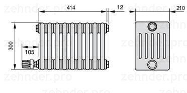 Схема (чертеж) Радиатор Zehnder Charleston 6030/9 №V004 Белый глянцевый RAL 9016